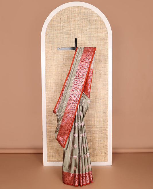 Grey striped floral design soft silk saree with contrast zari design border & floral jaal design pallu