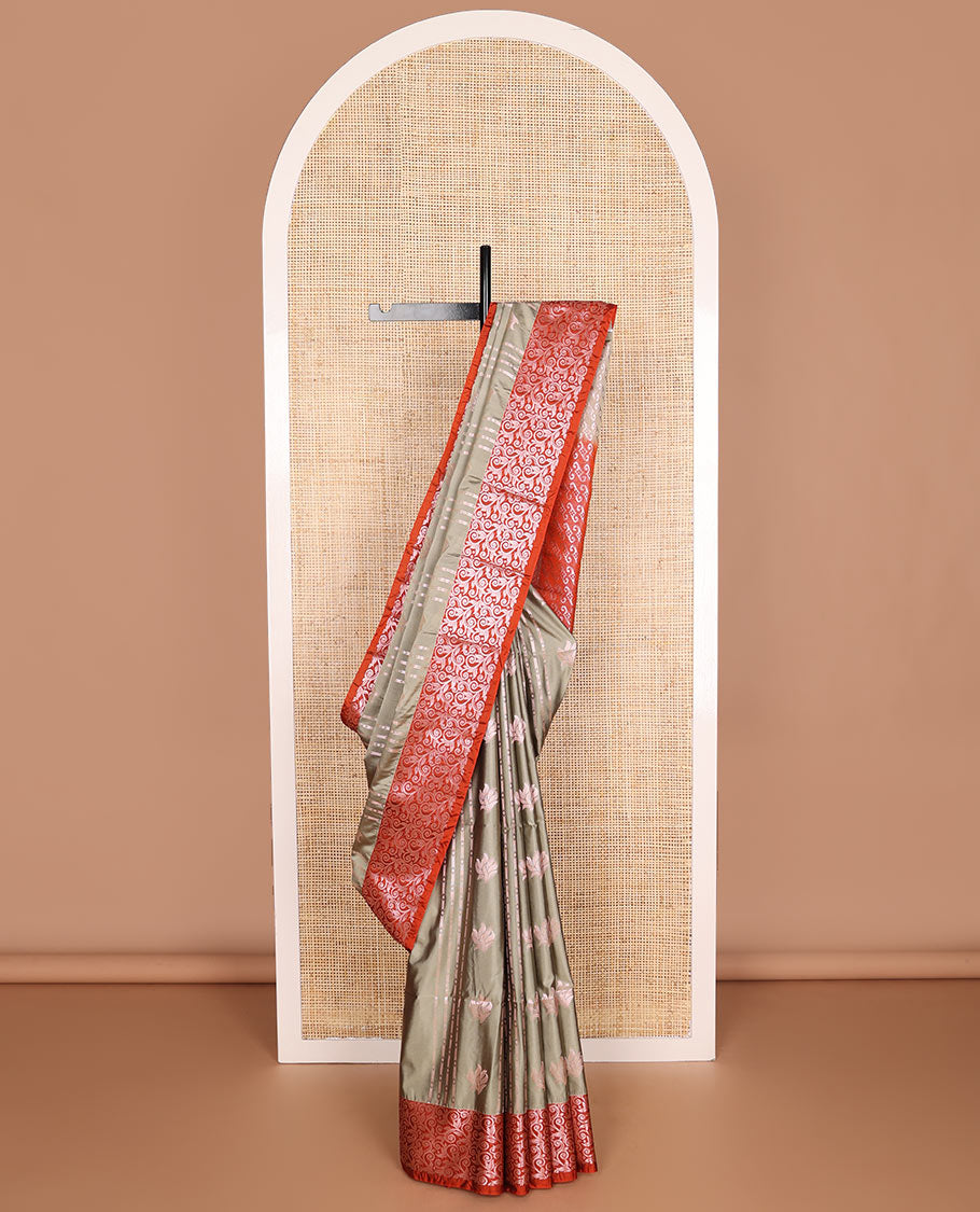 Grey striped floral design soft silk saree with contrast zari design border & floral jaal design pallu