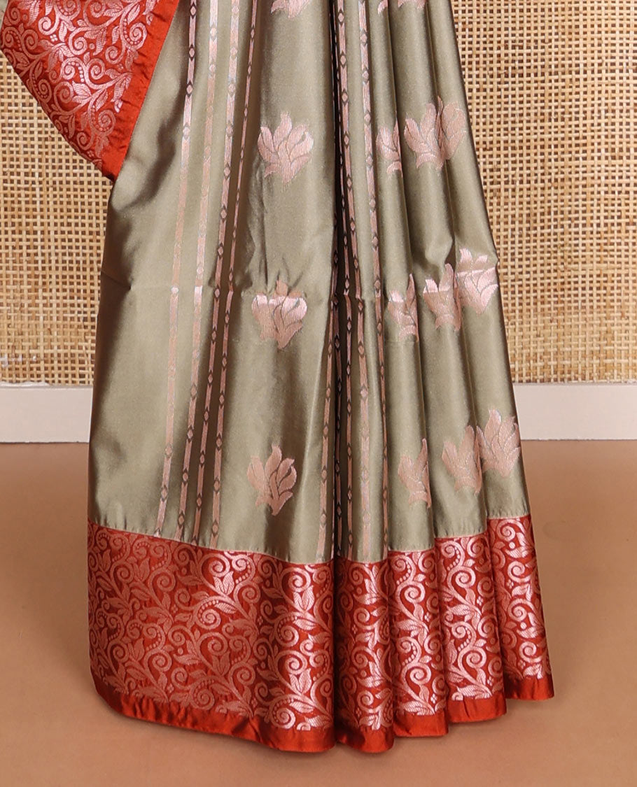 Grey striped floral design soft silk saree with contrast zari design border & floral jaal design pallu