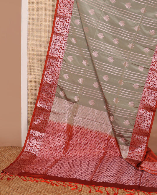 Grey striped floral design soft silk saree with contrast zari design border & floral jaal design pallu