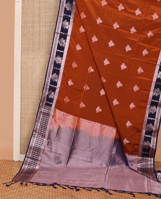 Rust orange zari buttas semi-soft silk saree, contrast traditional zari border & intricately zari woven pallu of jaal design weave