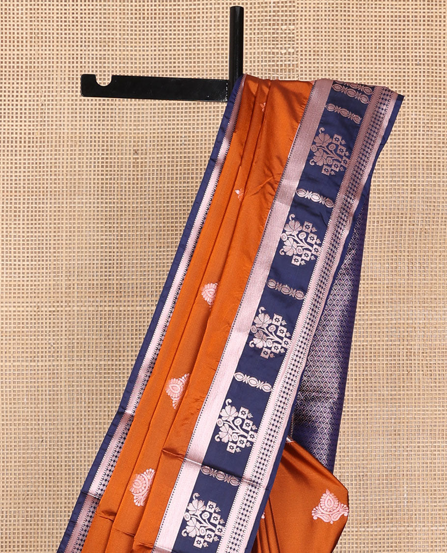Rust orange zari buttas semi-soft silk saree, contrast traditional zari border & intricately zari woven pallu of jaal design weave