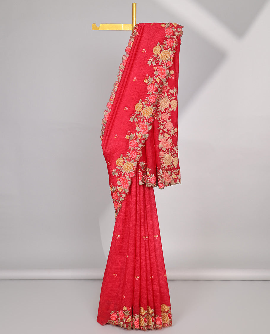 Yellow crushed tissue saree with scallop floral border & motif embroidery pallu