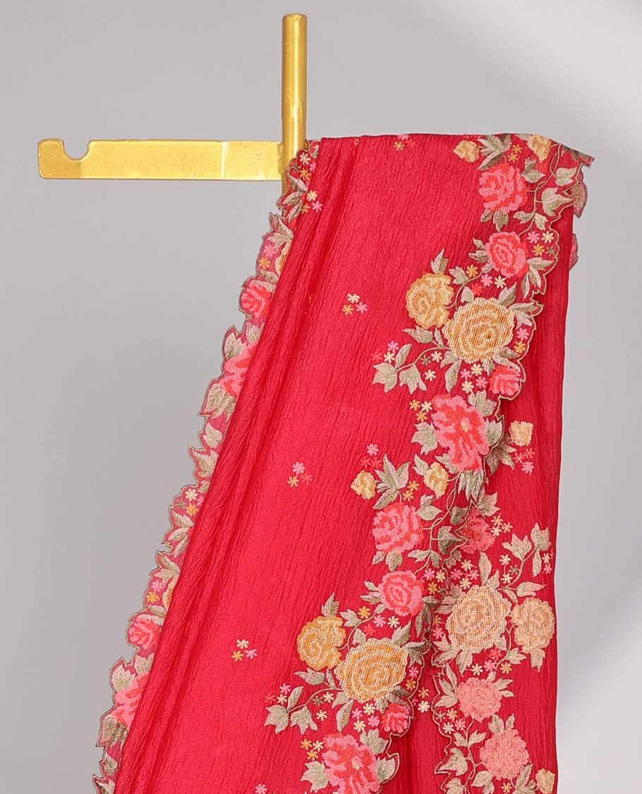 Yellow crushed tissue saree with scallop floral border & motif embroidery pallu