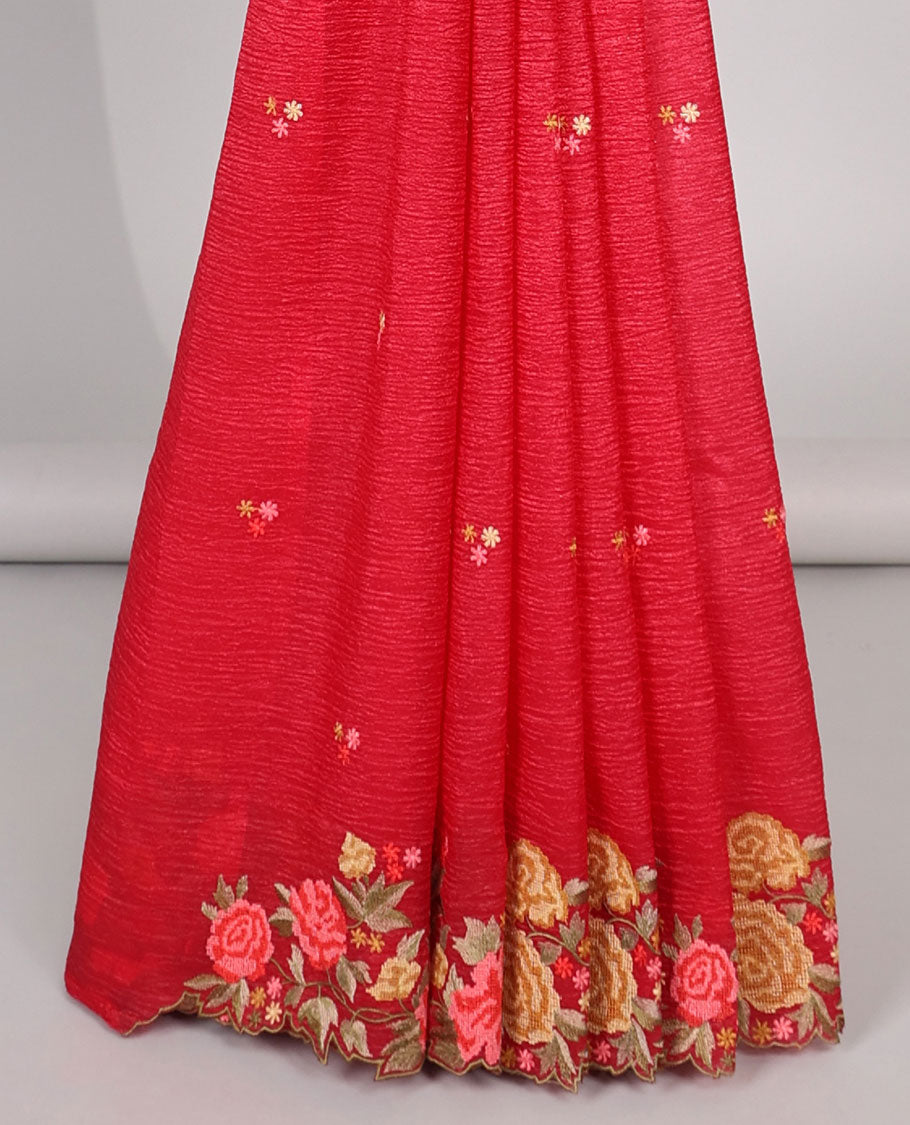 Yellow crushed tissue saree with scallop floral border & motif embroidery pallu