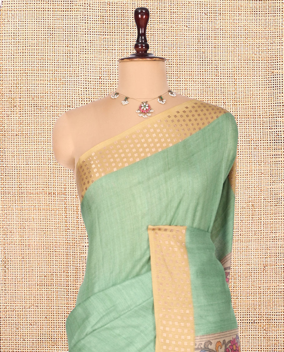 Green Plain Fancy Tussar Silk Saree, Contrast Triangle Motif Border, Pallu of Kalamkari Peacock Motifs, and Contrast Kalamkari Printed Blouse