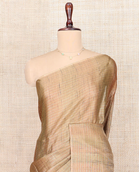 Borderless Sandal Tussar Silk Saree, Subtly Sparkled with Checked Texture, Pallu of Sparsely Stripes, and Paired with a Matching Blouse