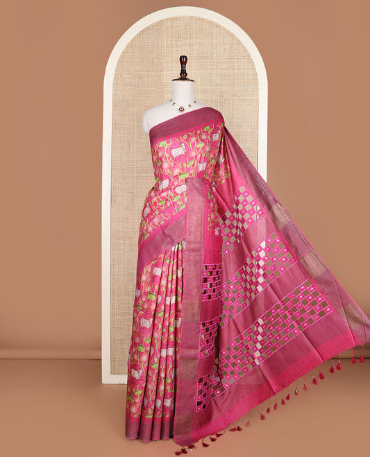 Hot pink Pichwai Lotus and cow digital printed tussar silk saree, zari border, and checked pallu