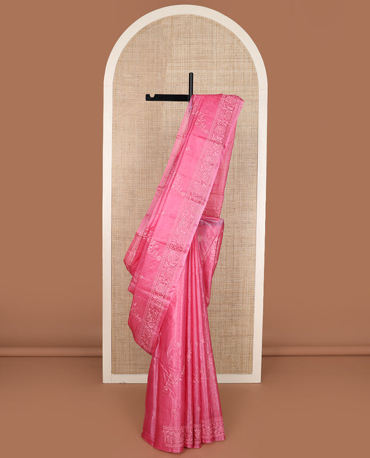 Pink diagonal floral stripes thread embroidered tussar saree, floral creeper embroidered border