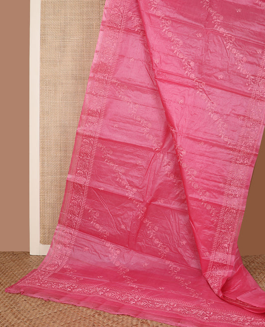 Pink diagonal floral stripes thread embroidered tussar saree, floral creeper embroidered border