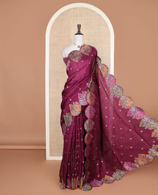 Wine Matka silk saree features rudraksham motifs, scallop floral motifs and bird embossed thread embroidery border