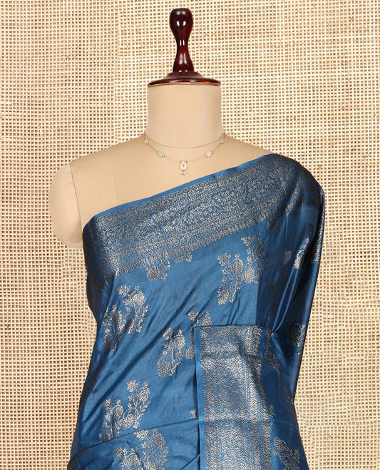 Blue Tusser Silk Saree, Subtly Sparkled with Zari Buttas, a Floral Creeper Zari Border, Grand Pallu, and a Matching Blouse