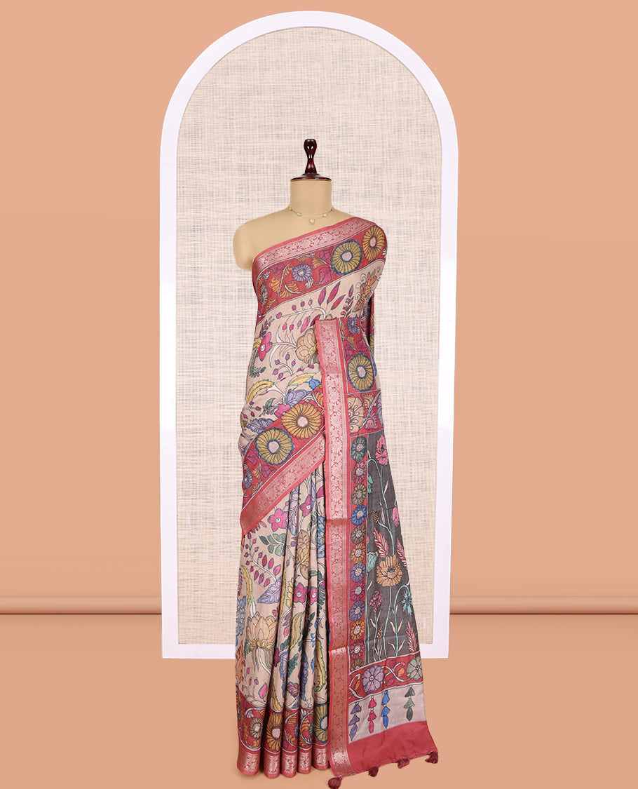 Pale Brown Kalamkari Printed Fancy Tussar Saree