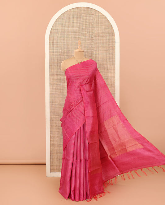 Pink tiny boxed motif stripes tussar silk saree, self-border, and gleaming zari pallu
