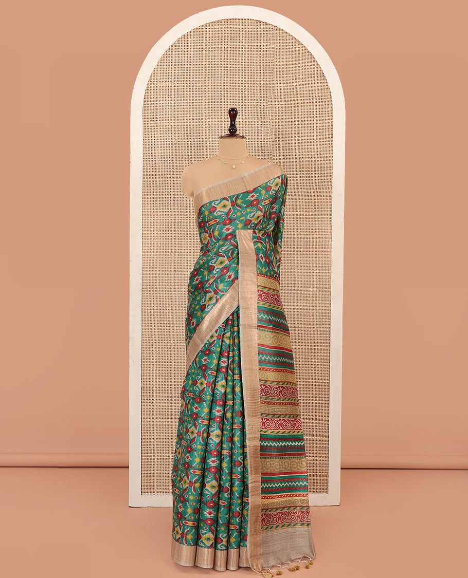 Green Tussar Silk Saree Delicately Printed with Ikkat Geometric Patterns, Complemented by a Contrast Border, Pallu of Colorful Geometric Print, Paired with a Contrast Blouse