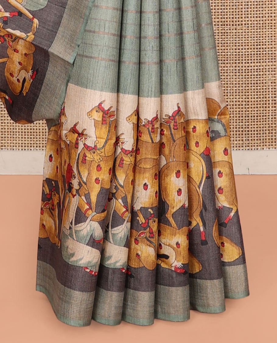 Green Tussar Silk Saree, Subtly Sparkled with Stripes, Complemented by a Contrast Pichwai Cow Border, Printed Pallu, and a Matching Blouse