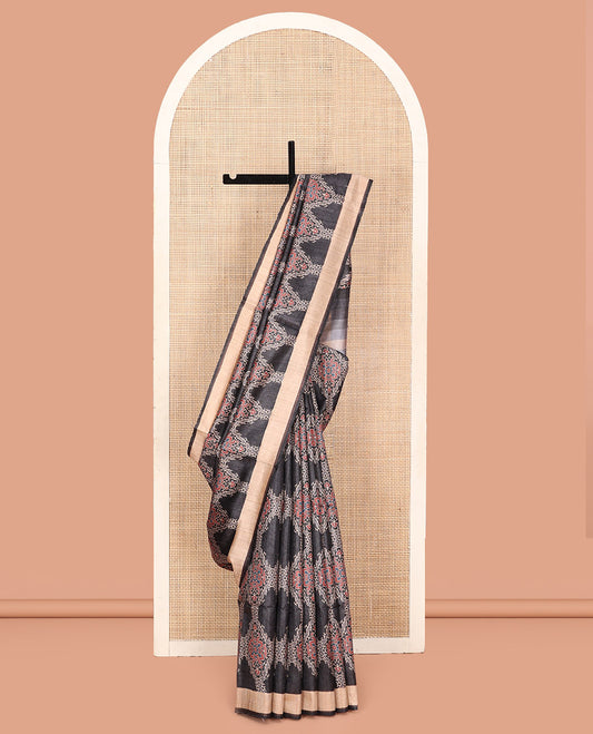 Black Tussar Silk Saree, Artfully Detailed with Ajrakh-Style Jaal Design on Its Body, a Subtle Border, Ombre-Style Striped Pallu, and Paired with a Contrast Blouse