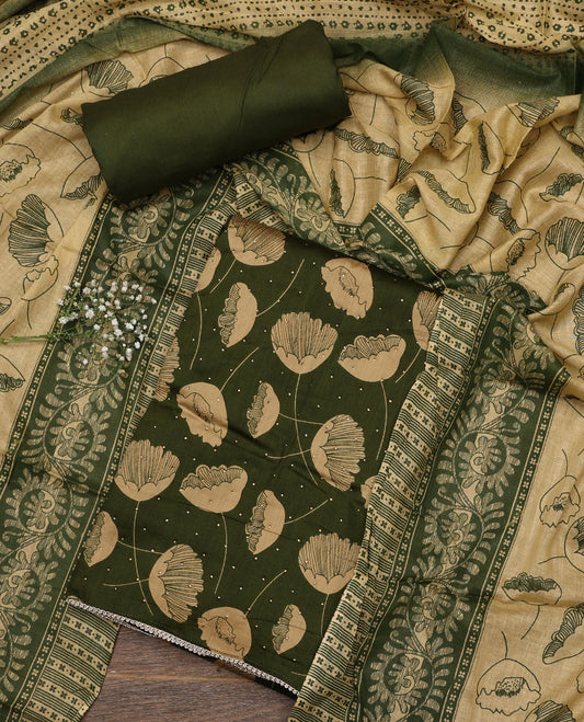 Green material chudidar set, floral motifs printed and stone work top, plain bottom, and floral motifs printed dupatta
