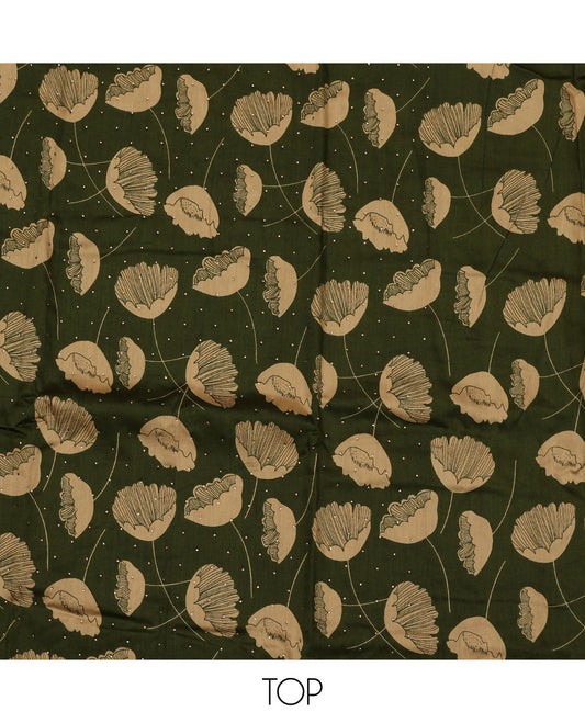 Green material chudidar set, floral motifs printed and stone work top, plain bottom, and floral motifs printed dupatta