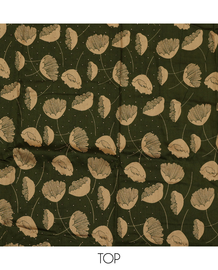 Green material chudidar set, floral motifs printed and stone work top, plain bottom, and floral motifs printed dupatta