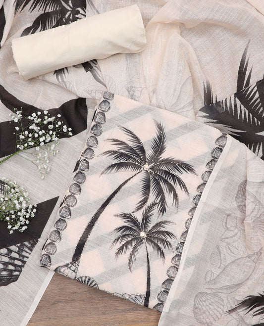 Cream cotton material chudidar set, sea shells and coconut patch embroidered with stripes printed top, plain bottom, and cocont tree print dupatta