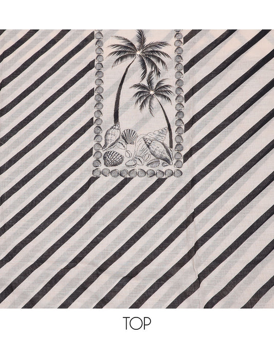 Cream cotton material chudidar set, sea shells and coconut patch embroidered with stripes printed top, plain bottom, and cocont tree print dupatta