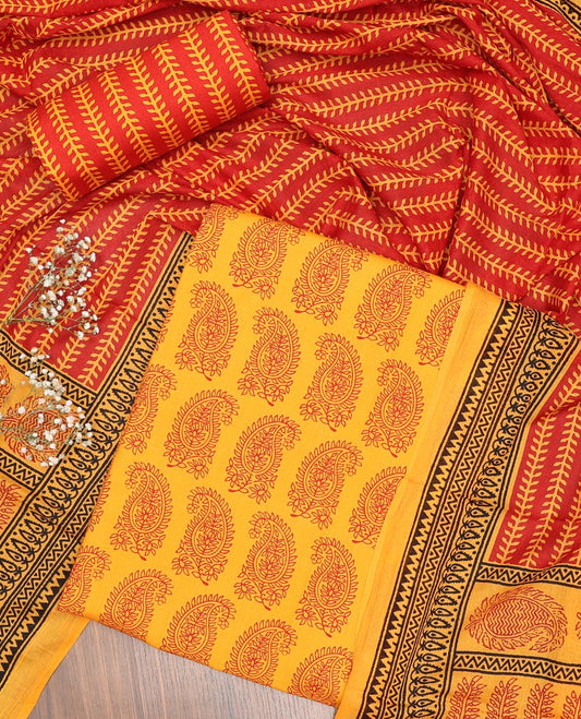 Yelow chudidhar material set paisley motifs top with contrast leaf vine bottom & leaf vine , floral design dupatta