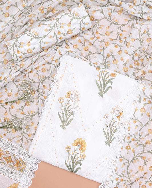 White chudidhar material set checked floral print with lace border , floral print bottom & floral print with lace dupatta