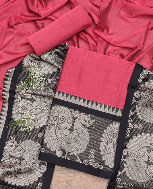 Red peacock, temple design chudidhar material top with plain bottom & plain, zari design border dupatta
