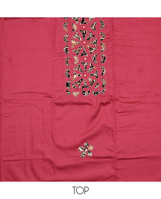 Pink material chudidar set, neck cloth and kantha style embroidered top, contrast floral vine printed bottom and dupatta