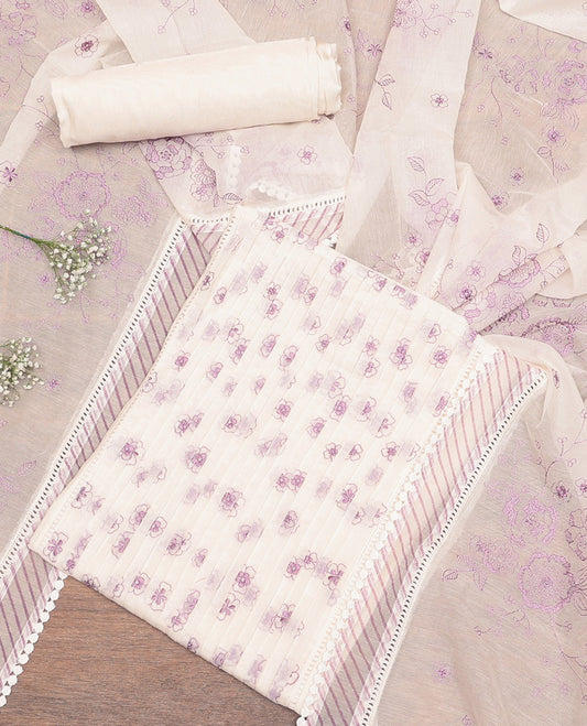 White Cotton Material Churidar Set, Styled with Floral Print Top, Matching Bottom, and Floral Dupatta