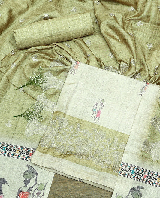 Chikku-Green Semi-Tussar Material Churidar Set, Embellished with Human-Animal Motif Top, a Contrast Bottom, and Leaf-Elephant Motif Dupatta