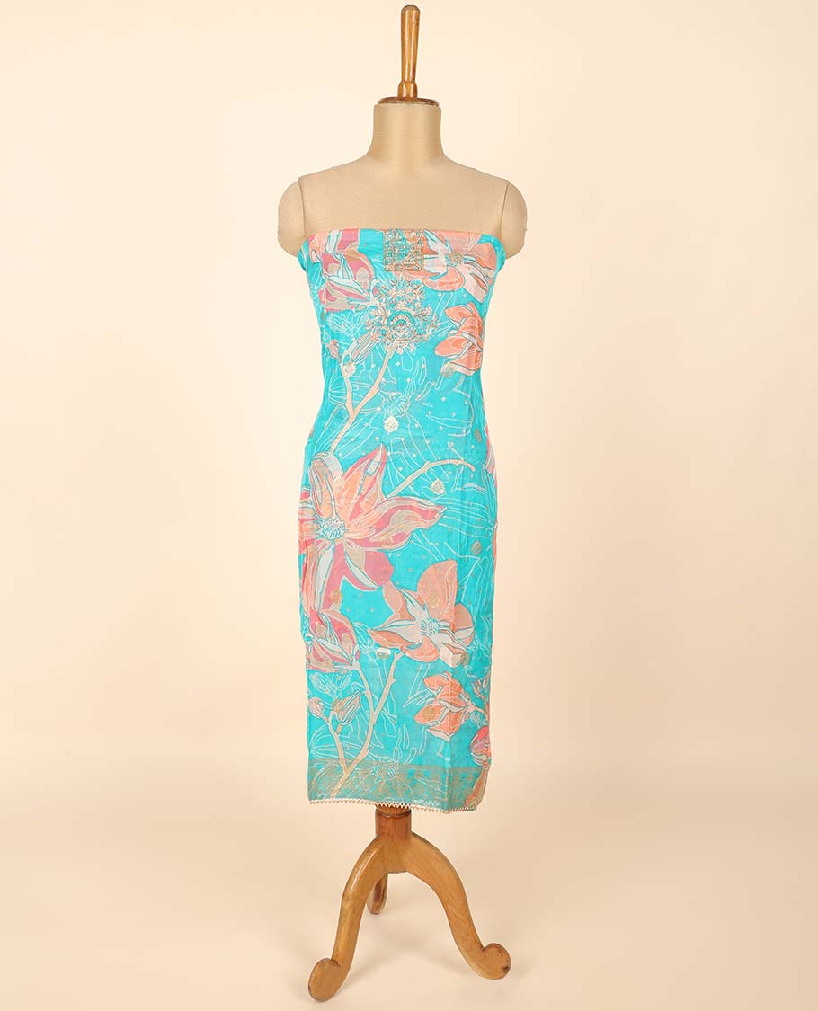 Blue material chudidhar set, floral printed & embroidered top, plain bottom & zari buttas dupatta