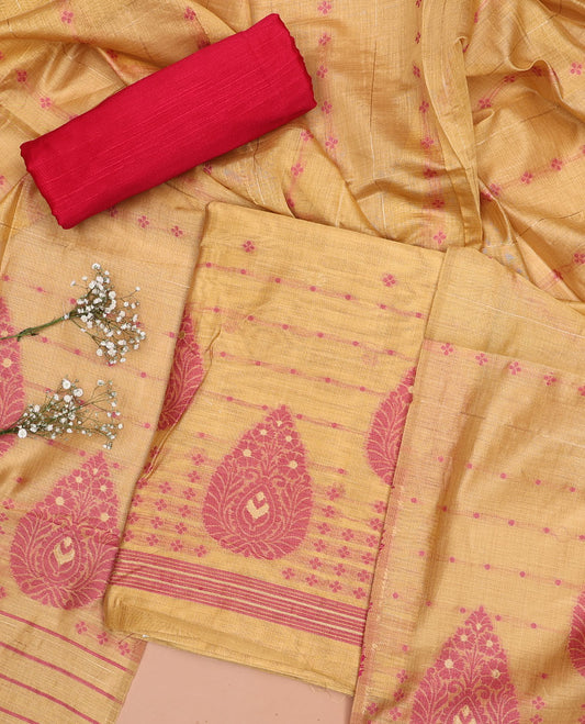 Yellow chudidhar material set, floral motifs top, red plain bottom & striped, floral motifs dupatta