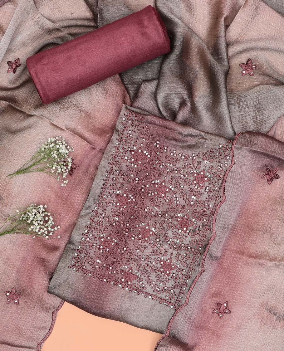 Multi-color chudidhar material set floral thread embroidered top, with plain bottom & floral motifs thread embroidered with sequins dupatta