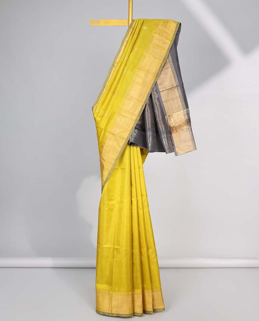 Yellow motifs uppada silk saree with contrast zari border & floral jaal design pallu