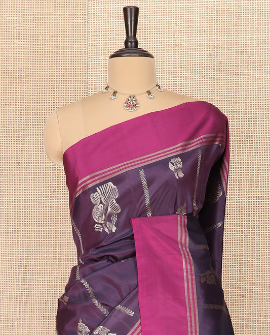 Purple Semi Uppada Saree Mesmerized with Zari Buttas, Complemented by a Contrasting Border, Pallu of Intricate Zari Designs, and Paired with a Contrast Blouse