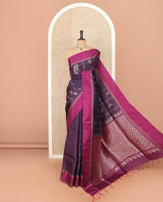 Purple Semi Uppada Saree Mesmerized with Zari Buttas, Complemented by a Contrasting Border, Pallu of Intricate Zari Designs, and Paired with a Contrast Blouse