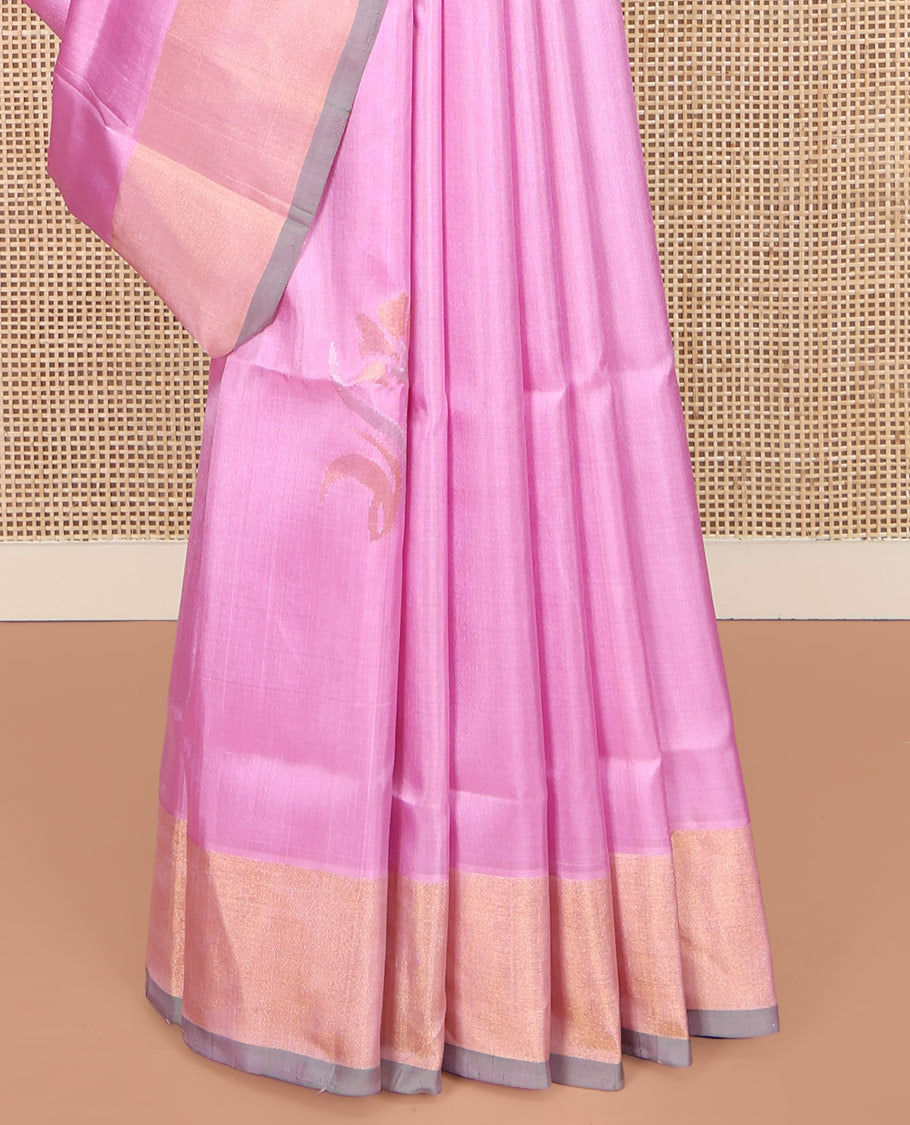 Pink Uppada Silk Saree, Detailed with Zari Buttas All Over Its Body, Complemented by a Contrast Plain Border, Pallu Steeped with Buttas, and Paired with a Contrast Blouse