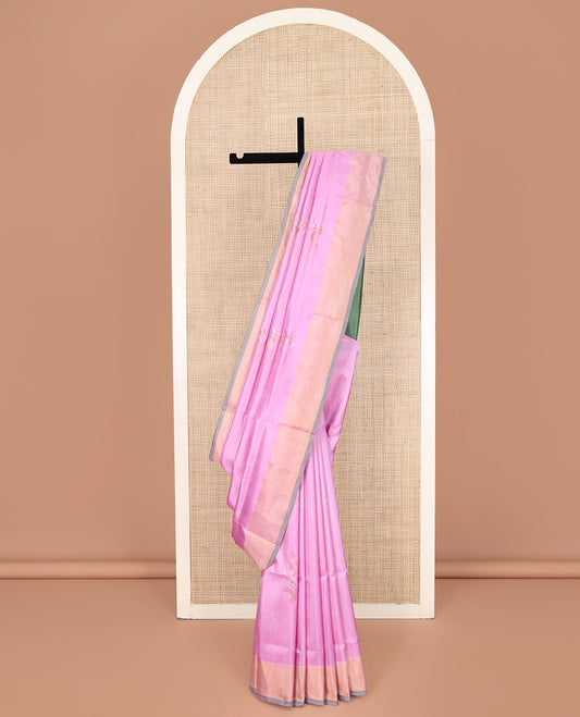 Pink Uppada Silk Saree, Detailed with Zari Buttas All Over Its Body, Complemented by a Contrast Plain Border, Pallu Steeped with Buttas, and Paired with a Contrast Blouse