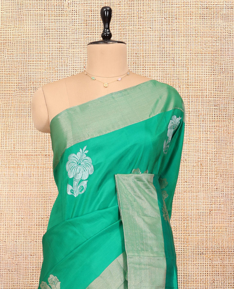 Green Uppada Saree, Embellished with Hibiscus Floral Buttas, a Bavanji Border, Contrast Intricate Pallu, and a Contrast Blouse