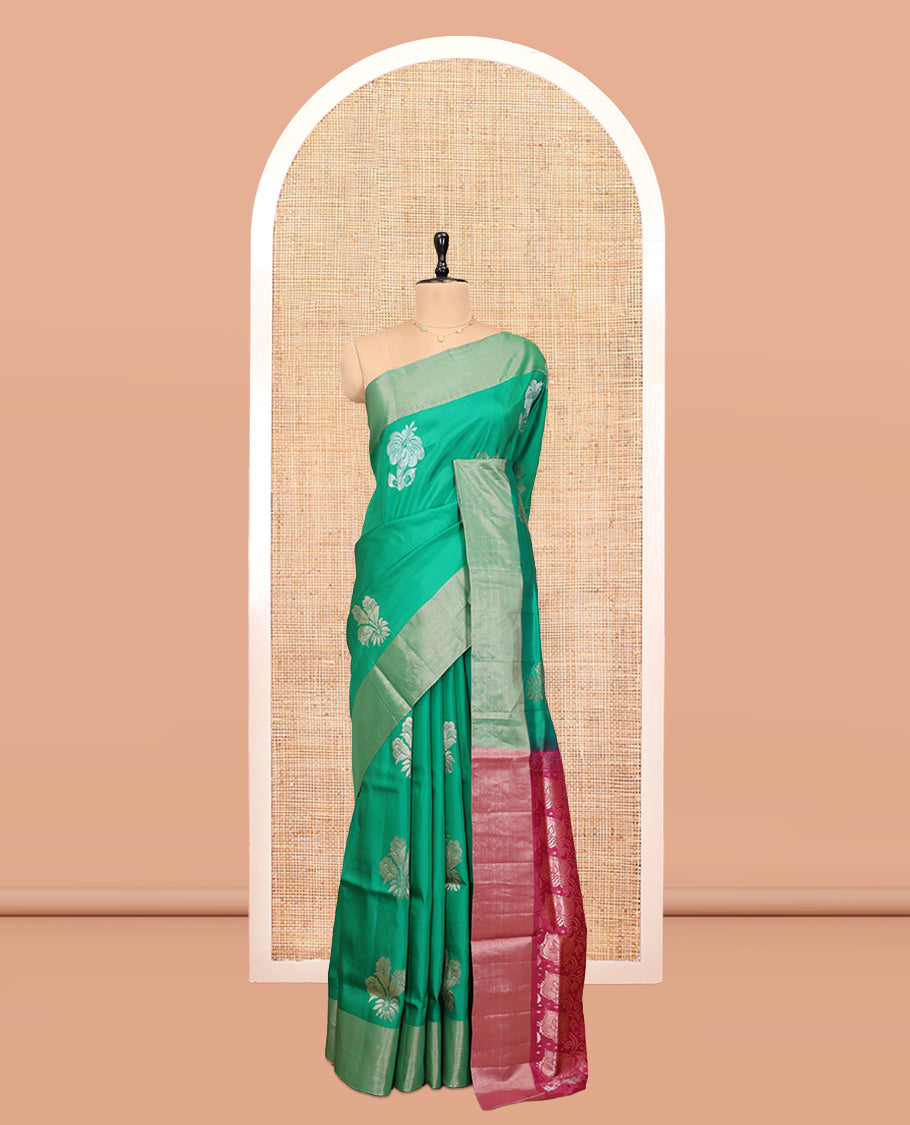 Green Uppada Saree, Embellished with Hibiscus Floral Buttas, a Bavanji Border, Contrast Intricate Pallu, and a Contrast Blouse