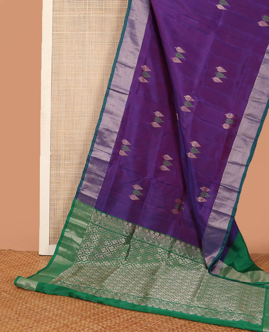 Violet cypress tree buttas Uppada saree, contrast bavanji border, and jaal design pallu
