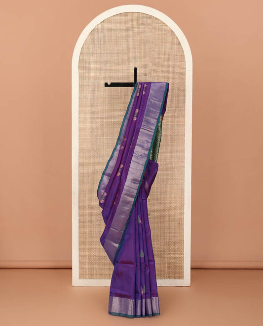 Violet cypress tree buttas Uppada saree, contrast bavanji border, and jaal design pallu
