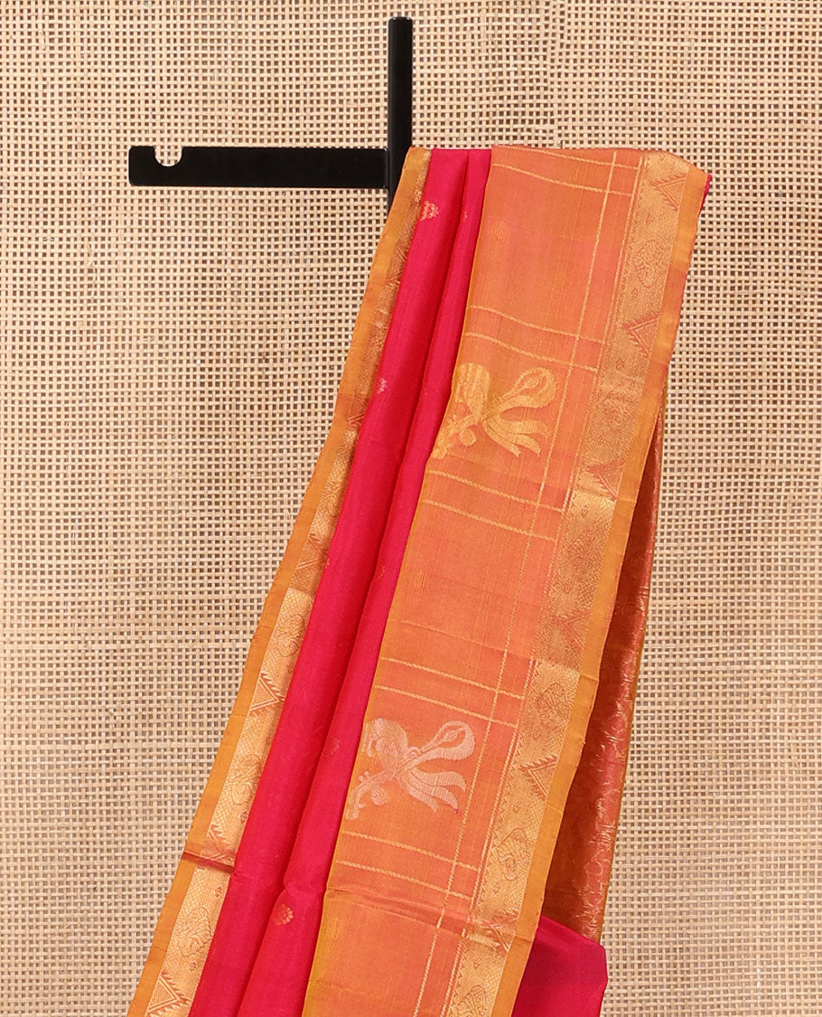 Red Uppada Silk Saree Elevated with Floral Buttas, Captivating Contrast Border of Traditional Zari Motifs and Peacock Motifs, Pallu Depicting Floral Jaal Design, and Paired with a Contrast Zari-Bordered Blouse