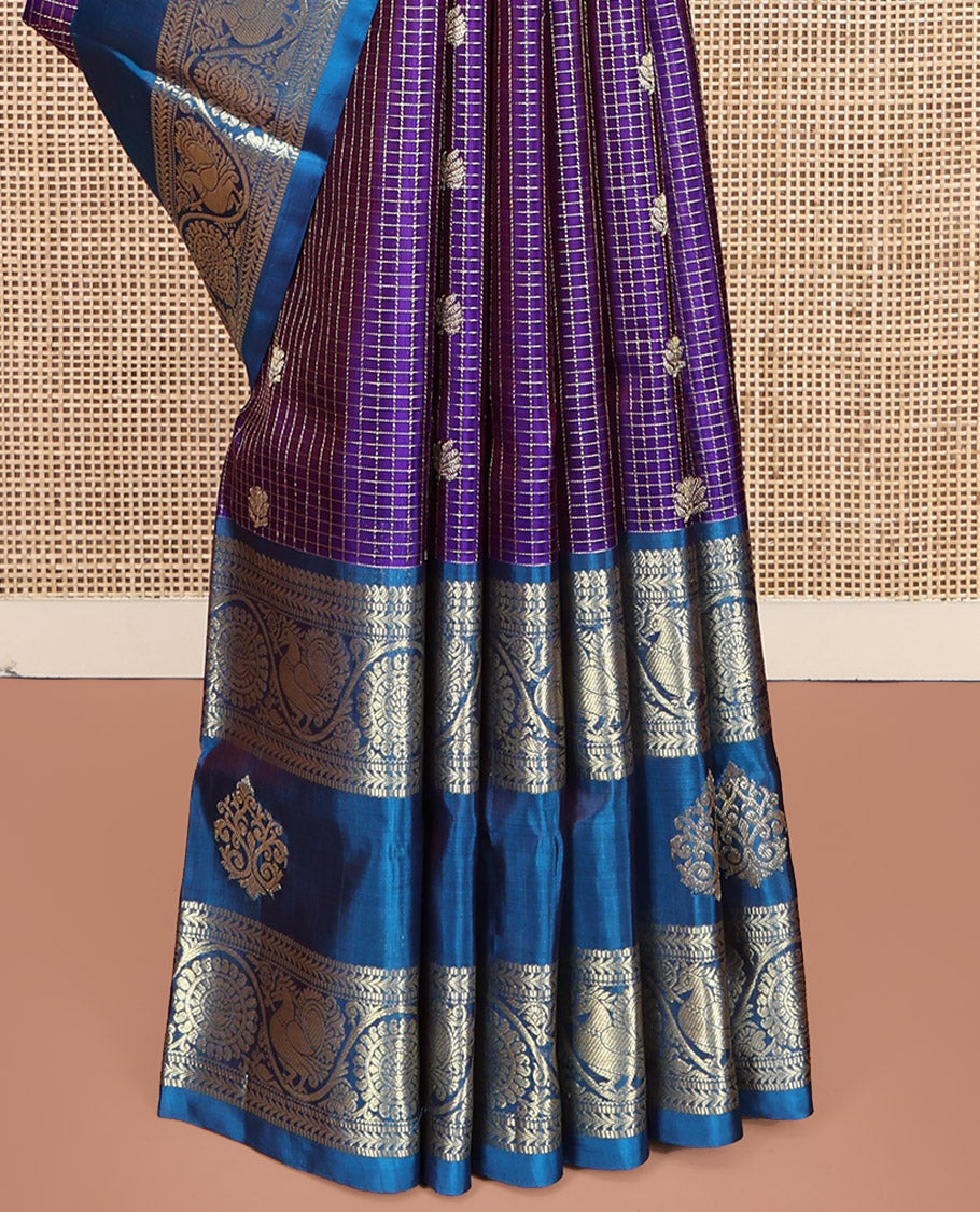 Violet Venkatagiri Silk Saree, Beautified with Zari Buttas and Zari Checks All Over Its Body, Complemented by a Contrast Traditional Zari Design Border, Grand Pallu, and Paired with a Matching Blouse