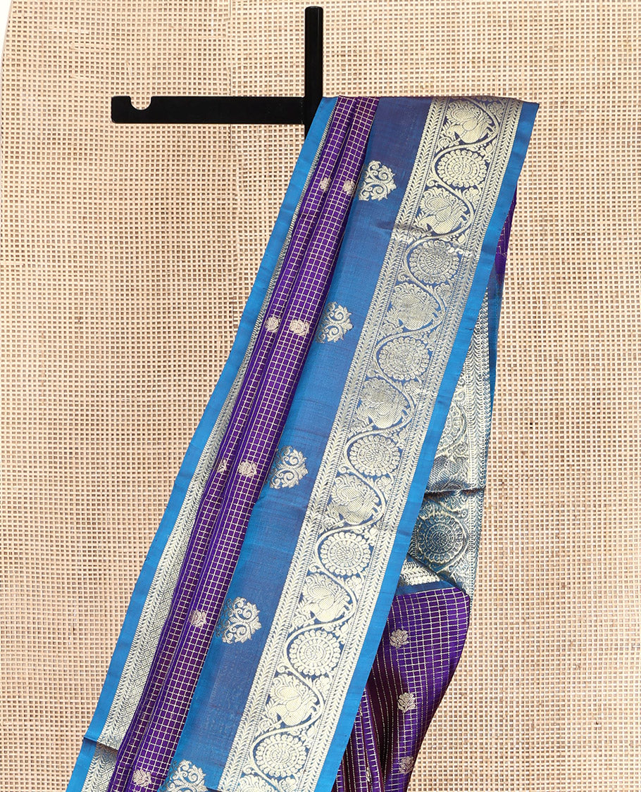 Violet Venkatagiri Silk Saree, Beautified with Zari Buttas and Zari Checks All Over Its Body, Complemented by a Contrast Traditional Zari Design Border, Grand Pallu, and Paired with a Matching Blouse