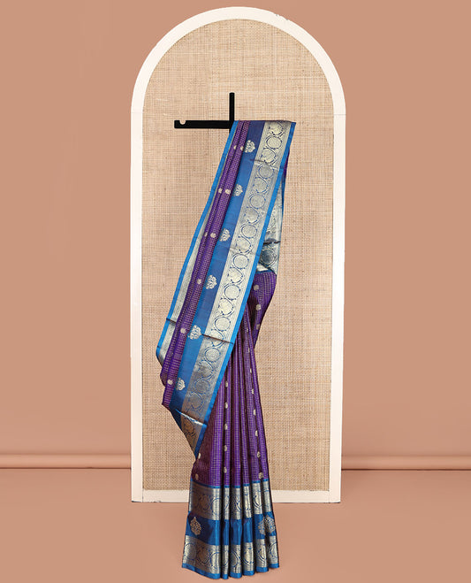 Violet Venkatagiri Silk Saree, Beautified with Zari Buttas and Zari Checks All Over Its Body, Complemented by a Contrast Traditional Zari Design Border, Grand Pallu, and Paired with a Matching Blouse