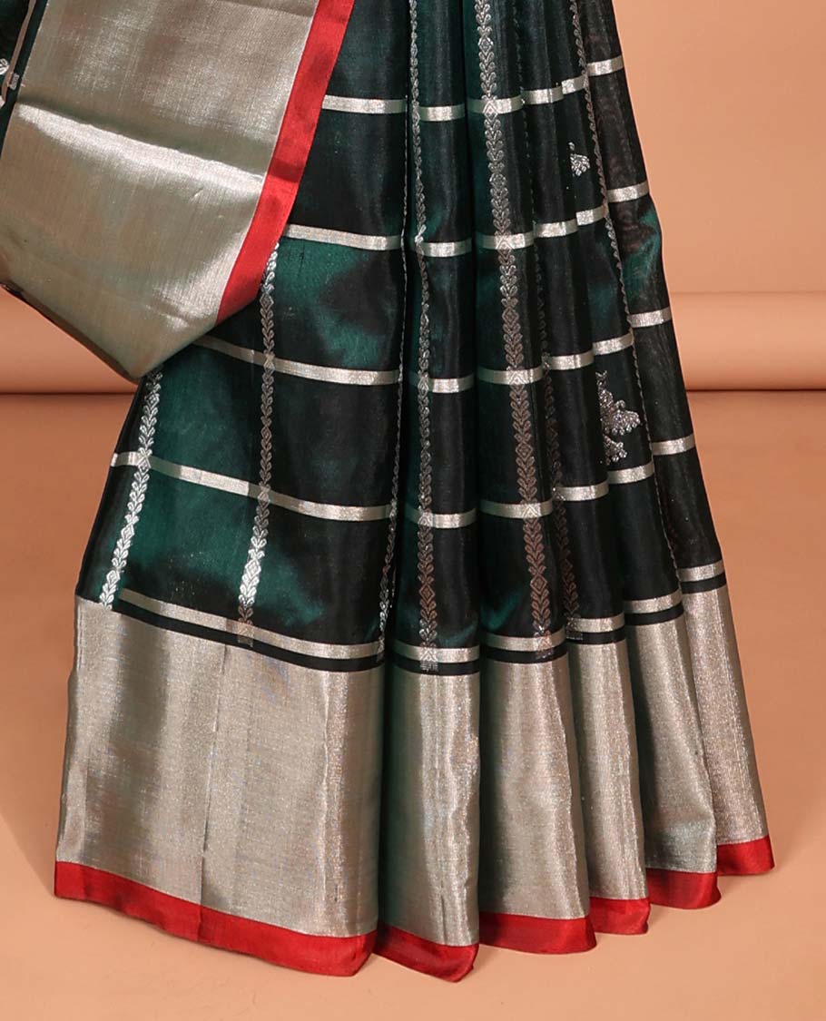 Green motifs enclosed with checked design vengatagiri pure silk saree , contrast bavanji border & pallu of ogee pattern