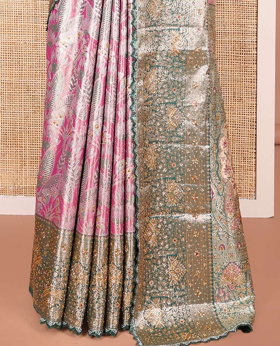 Purple Vastrakala Silk Saree, Spotlighted with Jacquard and Embroidery Work, Complemented by Contrast Traditional Zari and Cut Embroidered Scallop Border, Gleaming Mughal-Style Zari Weave Stone Work Pallu, and Paired with Contrast Heavy Embroidered Blouse